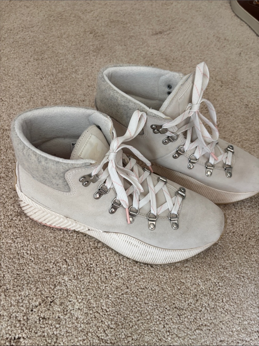 Sorel Light Gray and Winter White Waterproof Lace Up Booties